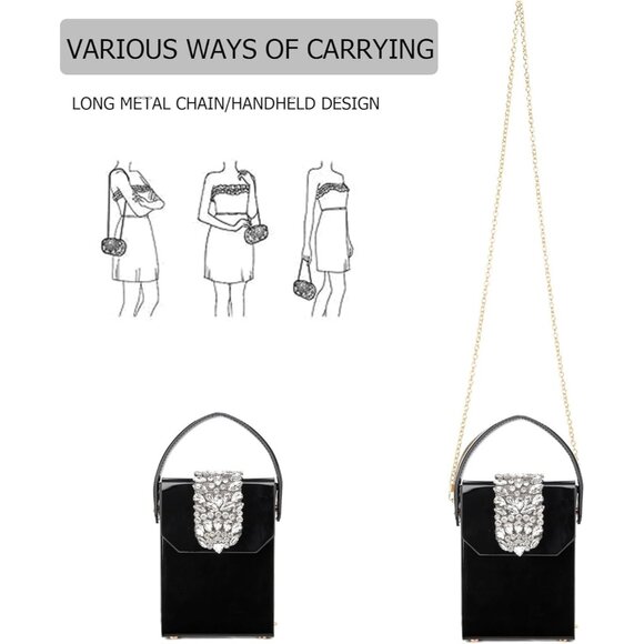 ⚡Women's Evening Rhinestone Box Detachable Chain Strap Black Crystal Clutch Bag - Picture 6 of 6